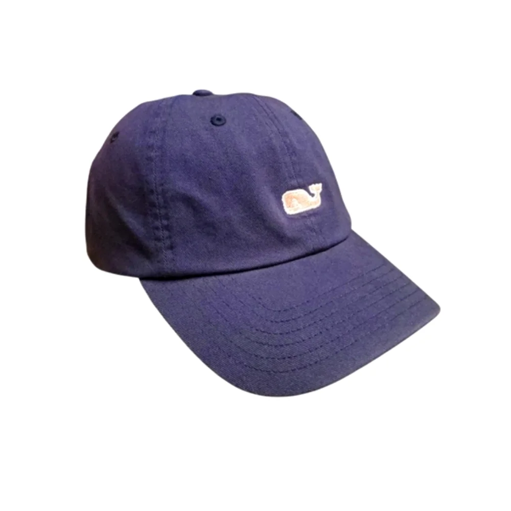 🔥VINEYARD VINES Navy Blue/Pink  Whale Logo Leather Strap Back Baseball Cap OS‎